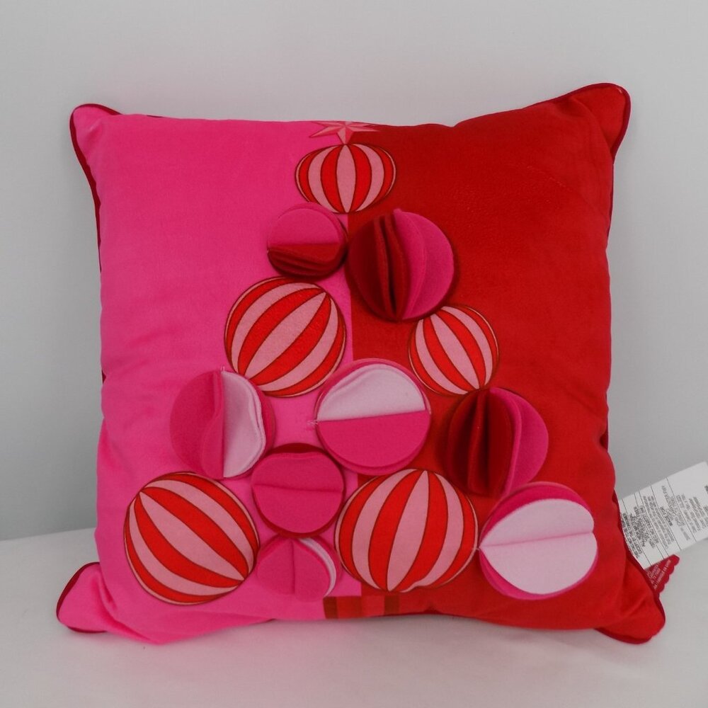 Christmas Ornament Tree Pillow Red Pink Whimsical Christmas 18x18 Holiday New